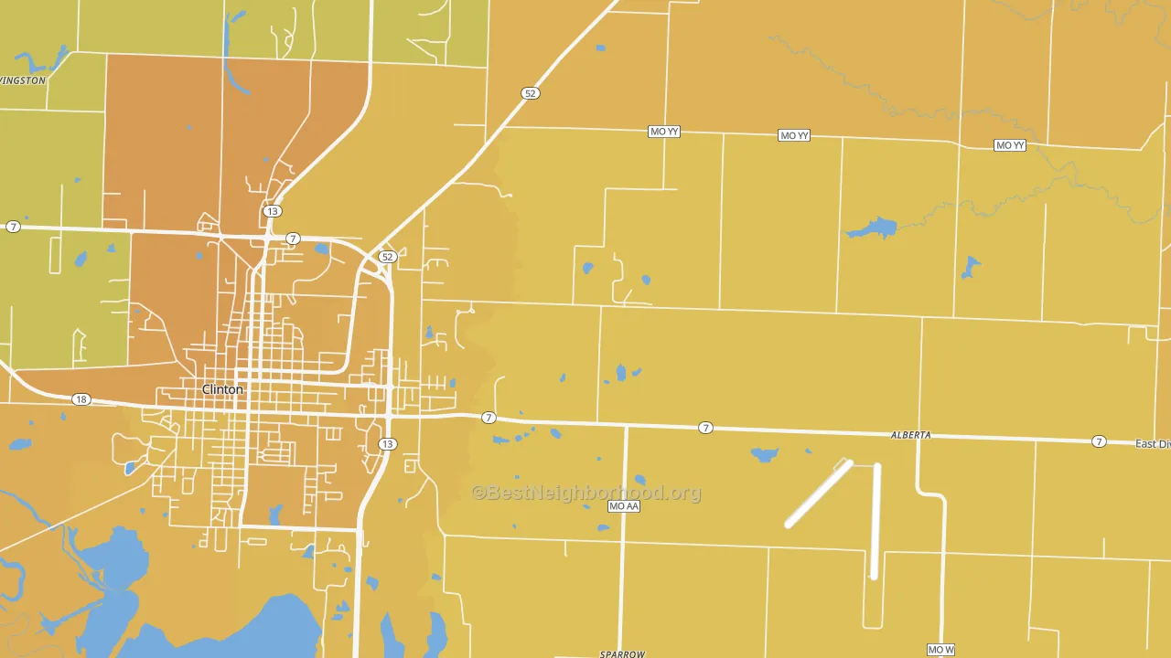Map of the best neighborhoods in the Lewis area, with better matches in green and worse matches in red