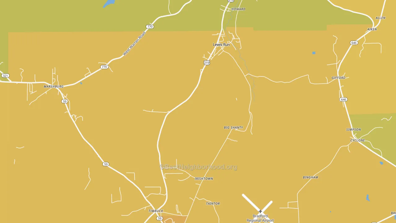Map of the best neighborhoods in the Lewis Run area, with better matches in green and worse matches in red
