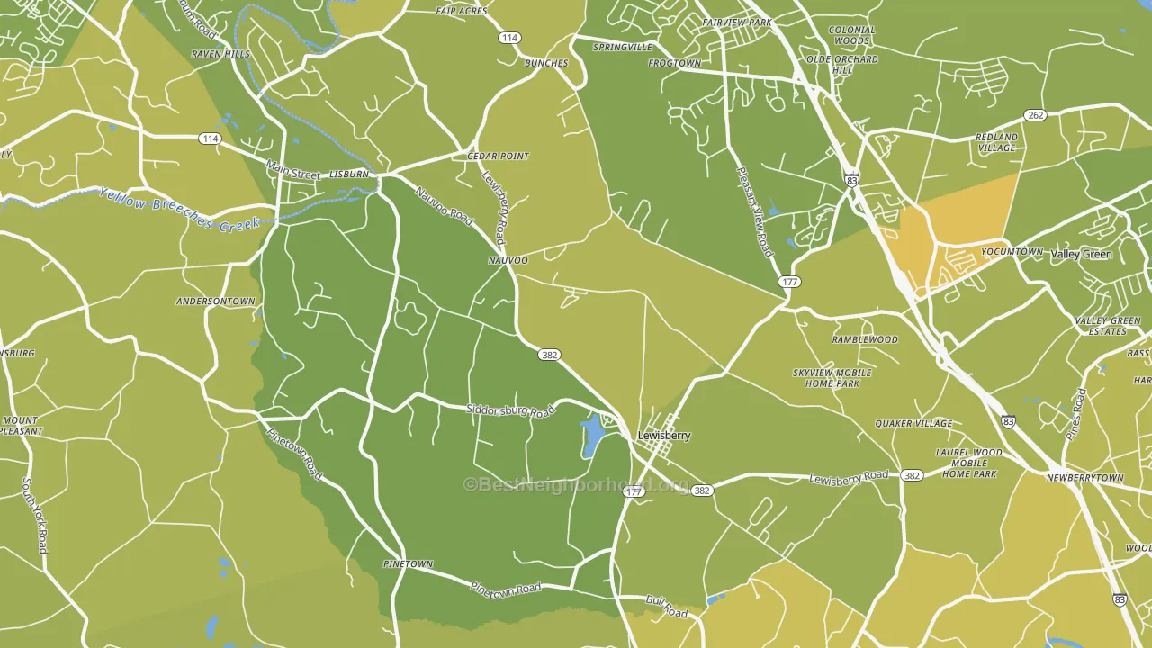 Map of the best neighborhoods in the Lewisberry area, with better matches in green and worse matches in red