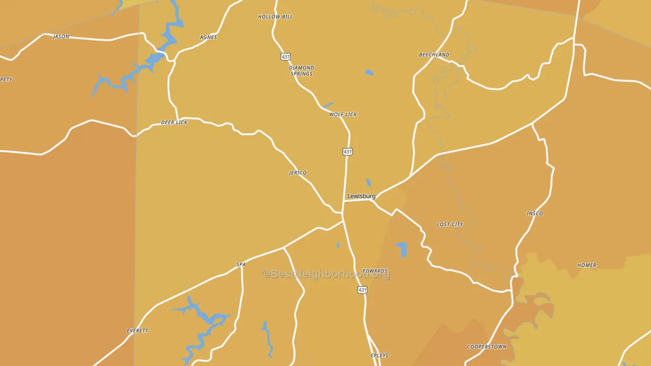 Map of the best neighborhoods in the Lewisburg area, with better matches in green and worse matches in red
