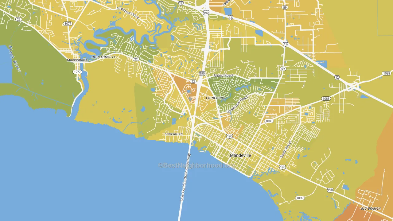 Map of the best neighborhoods in the Lewisburg area, with better matches in green and worse matches in red