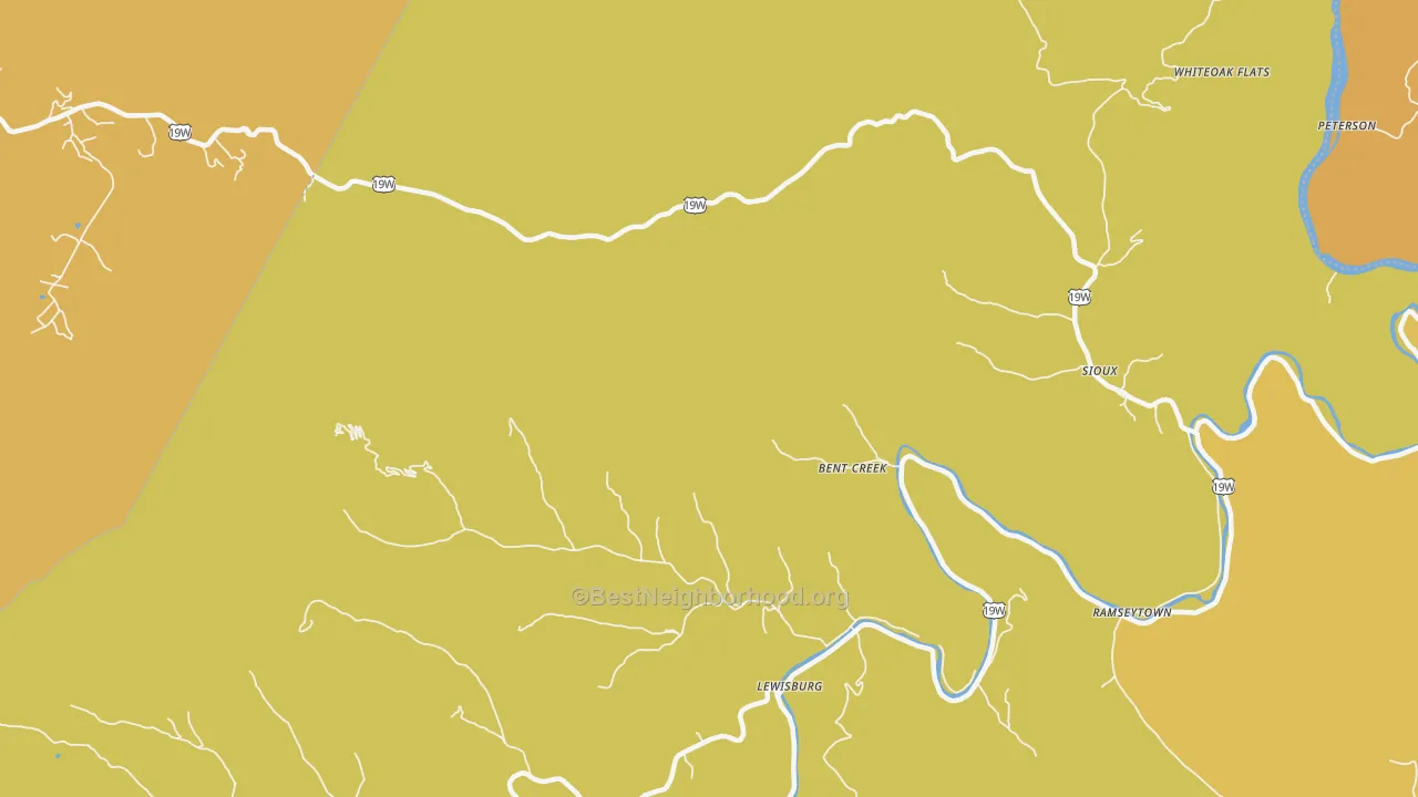 Map of the best neighborhoods in the Lewisburg area, with better matches in green and worse matches in red