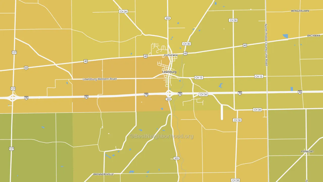 Map of the best neighborhoods in the Lewisburg area, with better matches in green and worse matches in red