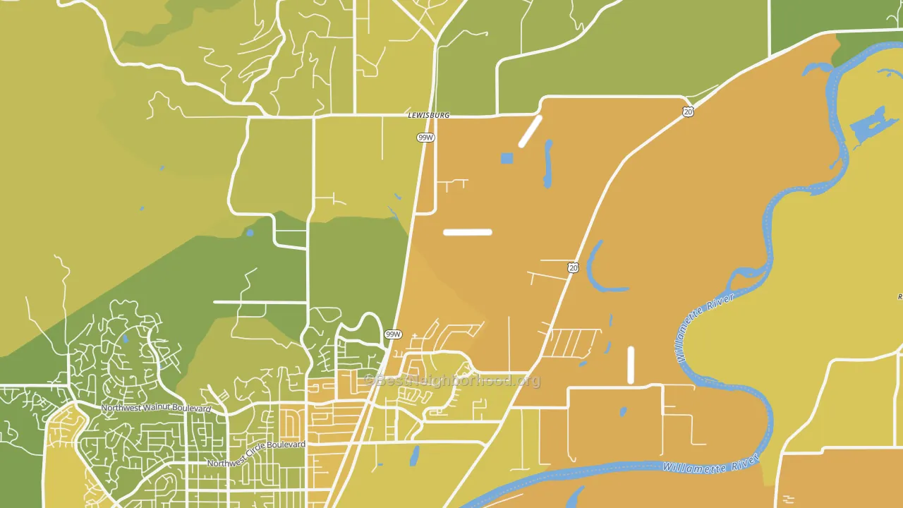 Map of the best neighborhoods in the Lewisburg area, with better matches in green and worse matches in red