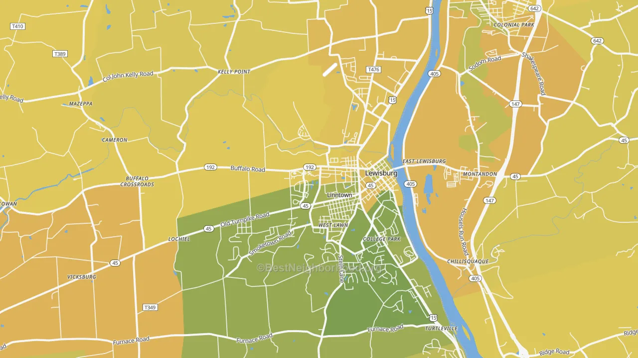 Map of the best neighborhoods in the Lewisburg area, with better matches in green and worse matches in red