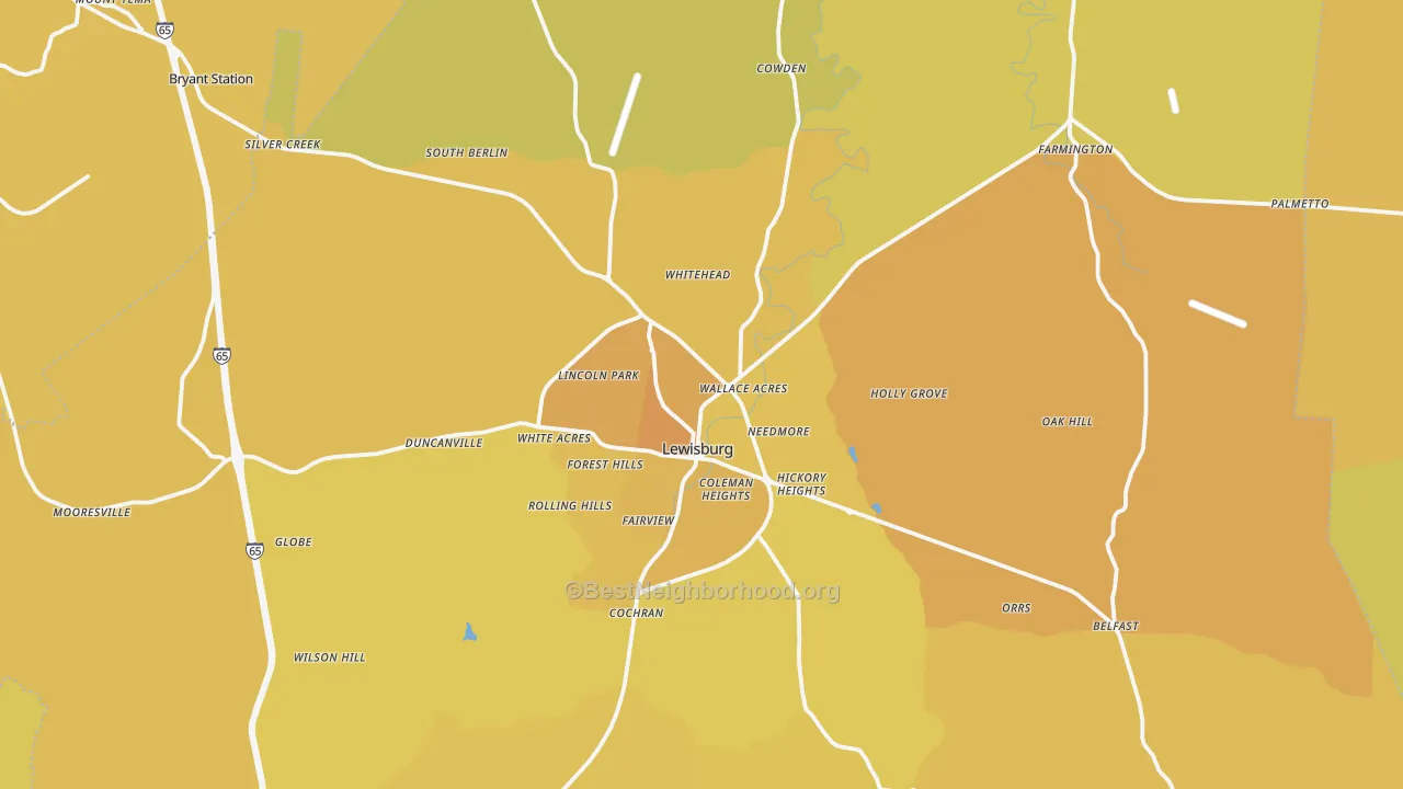 Map of the best neighborhoods in the Lewisburg area, with better matches in green and worse matches in red