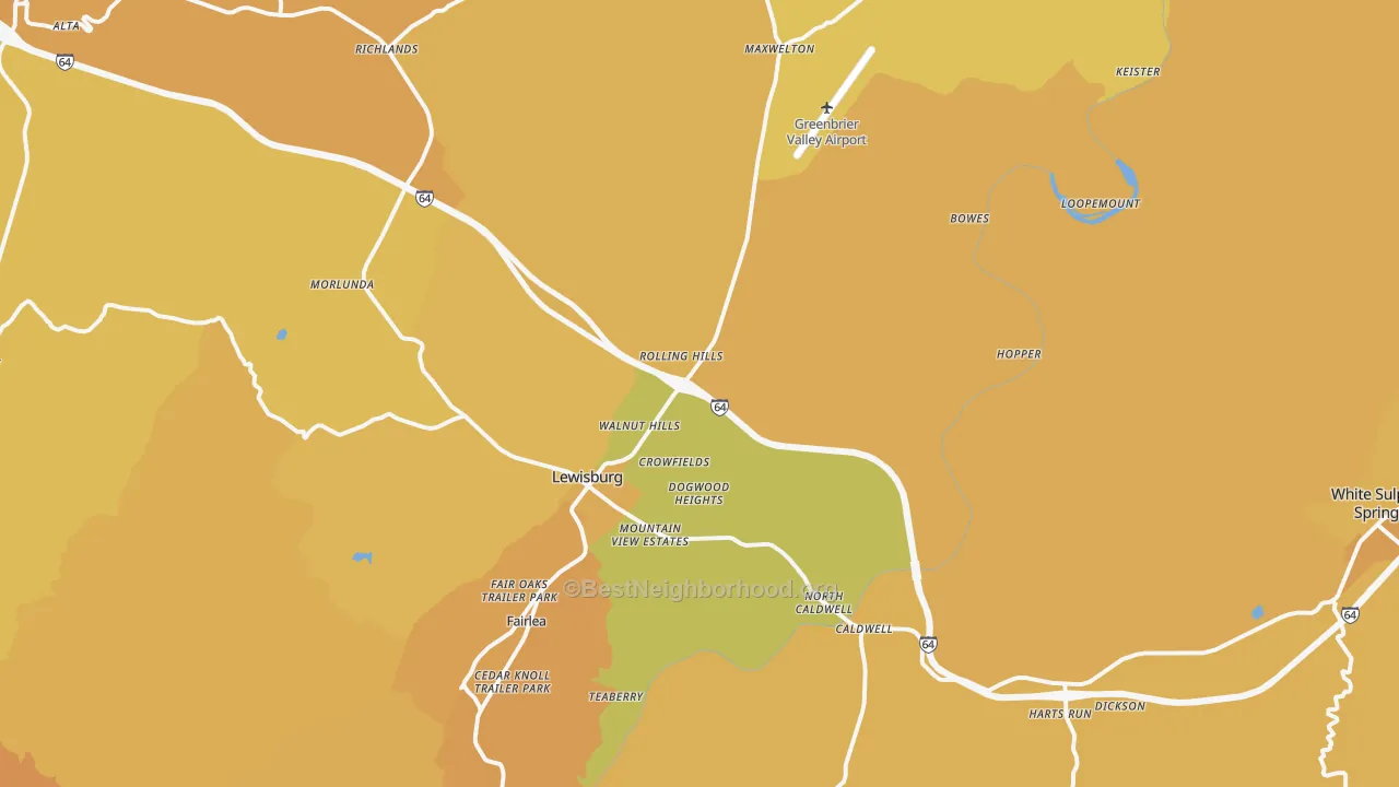 Map of the best neighborhoods in the Lewisburg area, with better matches in green and worse matches in red