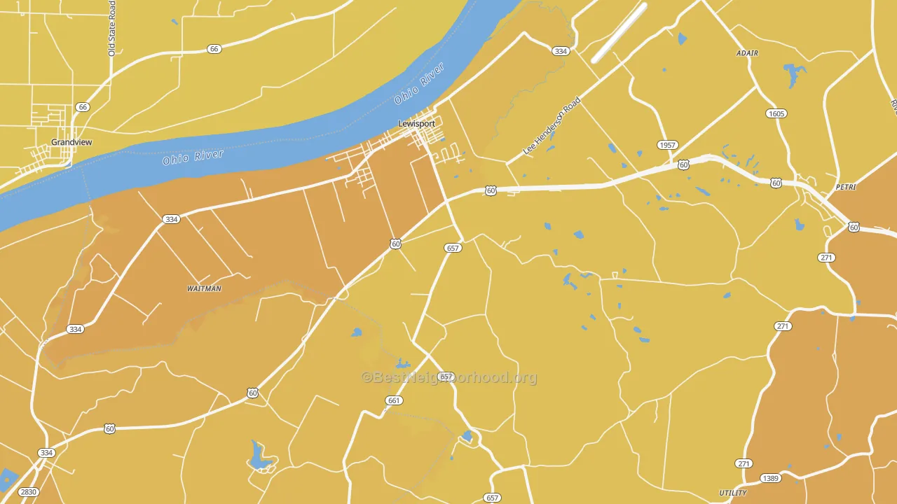 Map of the best neighborhoods in the Lewisport area, with better matches in green and worse matches in red
