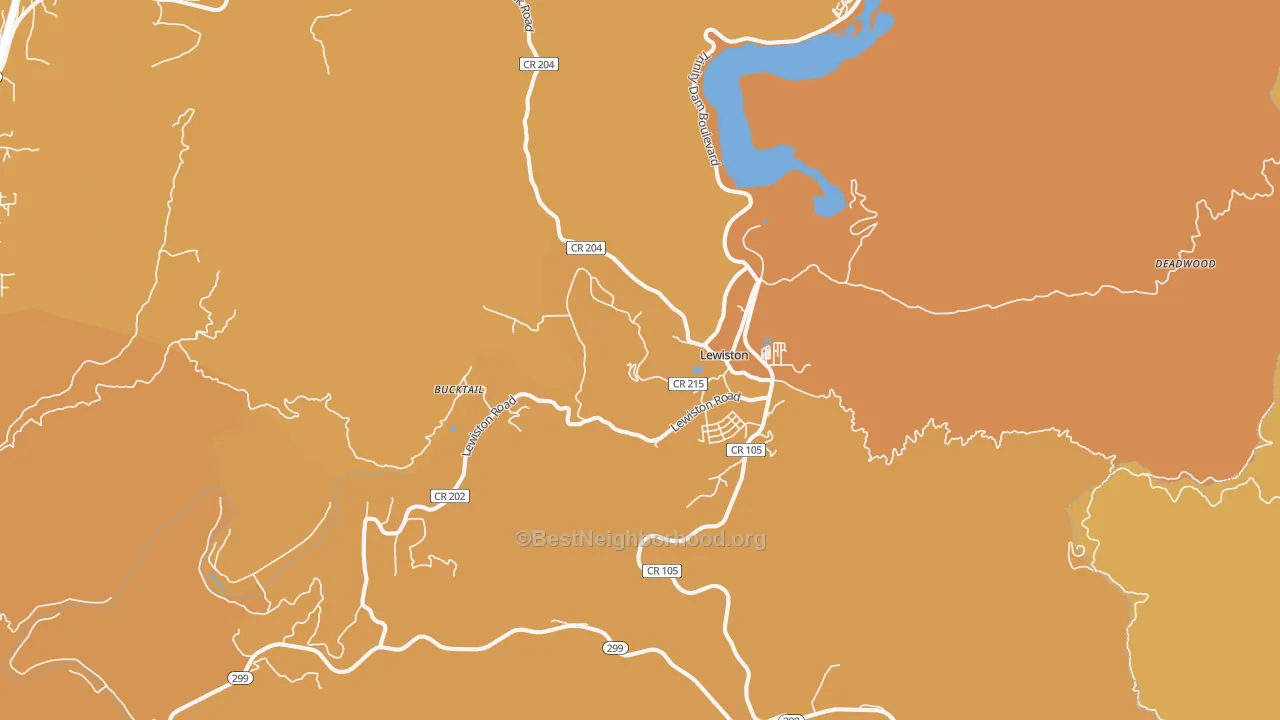 Map of the best neighborhoods in the Lewiston area, with better matches in green and worse matches in red