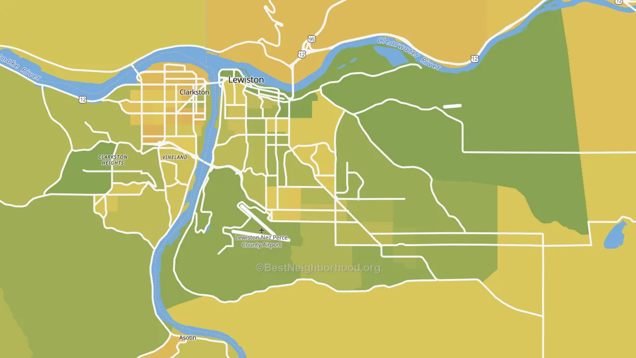 Map of the best neighborhoods in the Lewiston Metro area, with better matches in green and worse matches in red