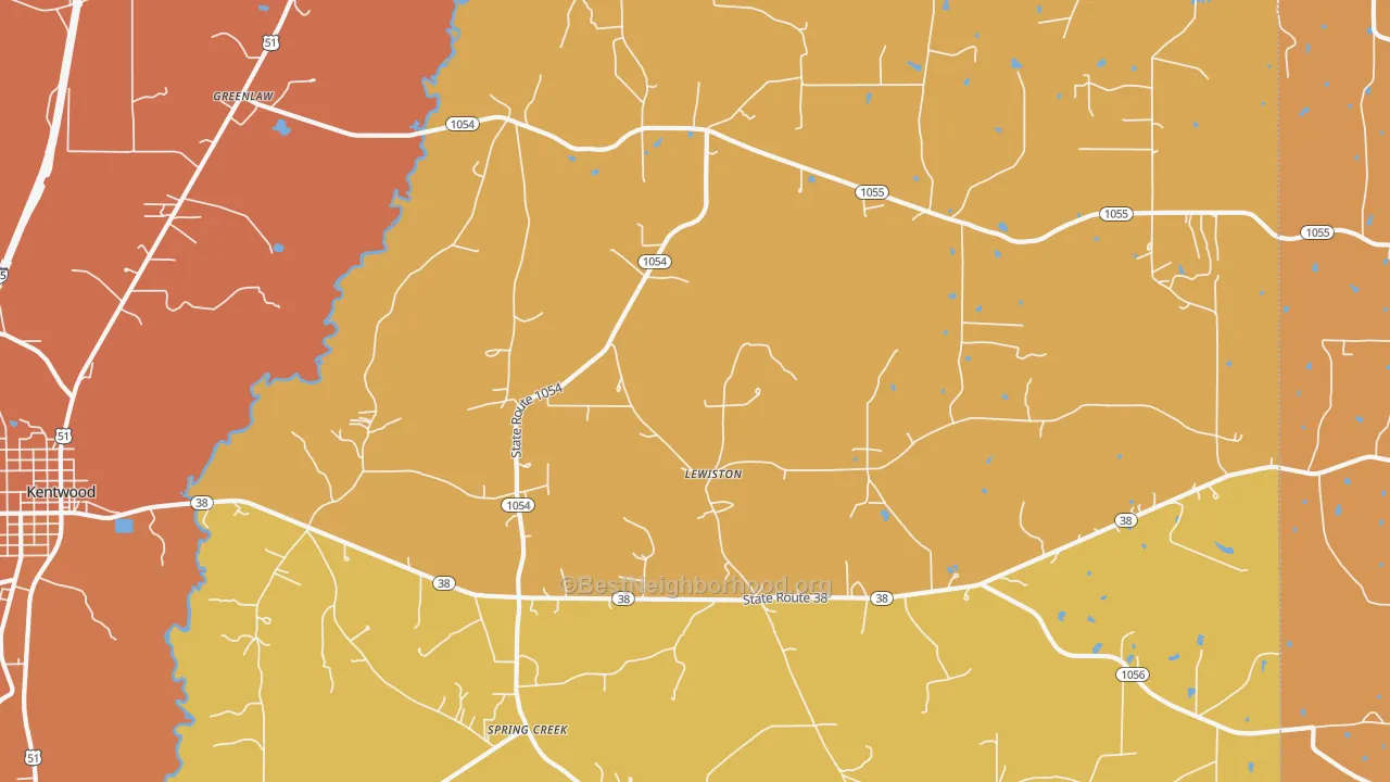 Map of the best neighborhoods in the Lewiston area, with better matches in green and worse matches in red