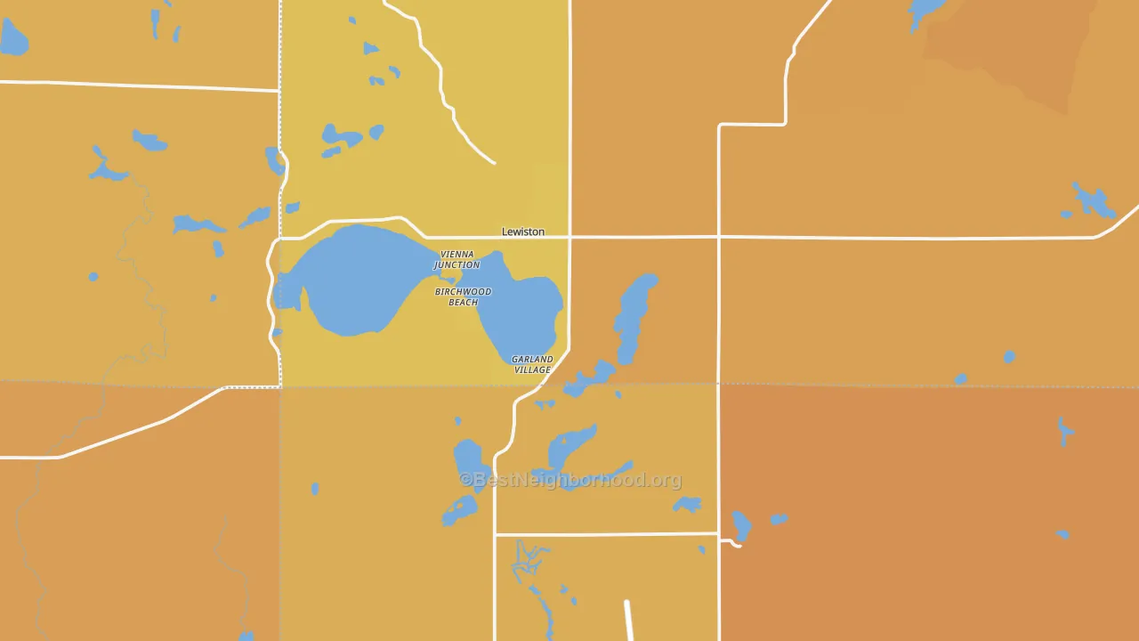 Map of the best neighborhoods in the Lewiston area, with better matches in green and worse matches in red