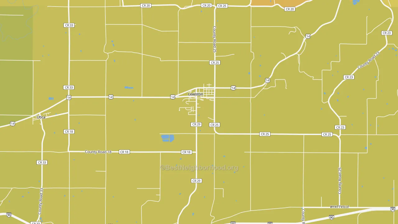 Map of the best neighborhoods in the Lewiston area, with better matches in green and worse matches in red