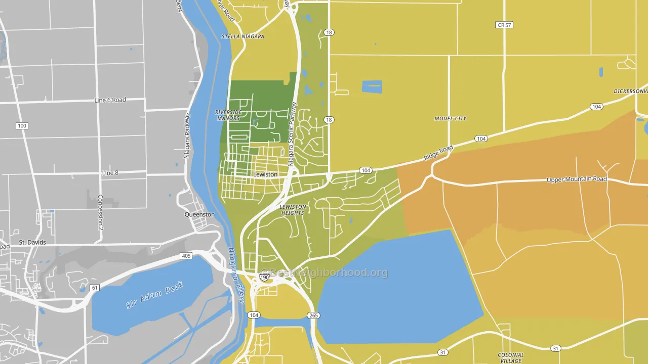 Map of the best neighborhoods in the Lewiston area, with better matches in green and worse matches in red