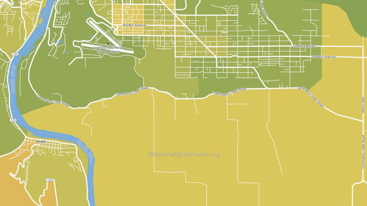 Map of the best neighborhoods in the Lewiston Orchards area, with better matches in green and worse matches in red