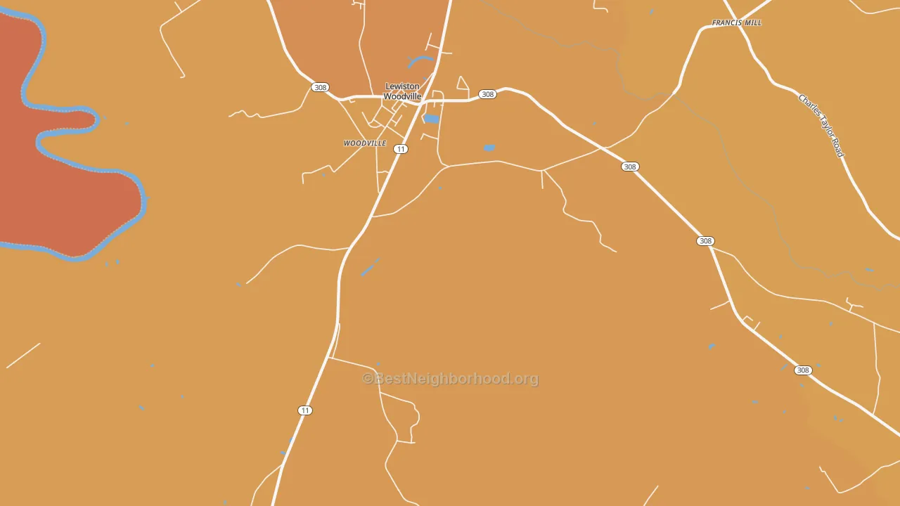 Map of the best neighborhoods in the Lewiston Woodville area, with better matches in green and worse matches in red