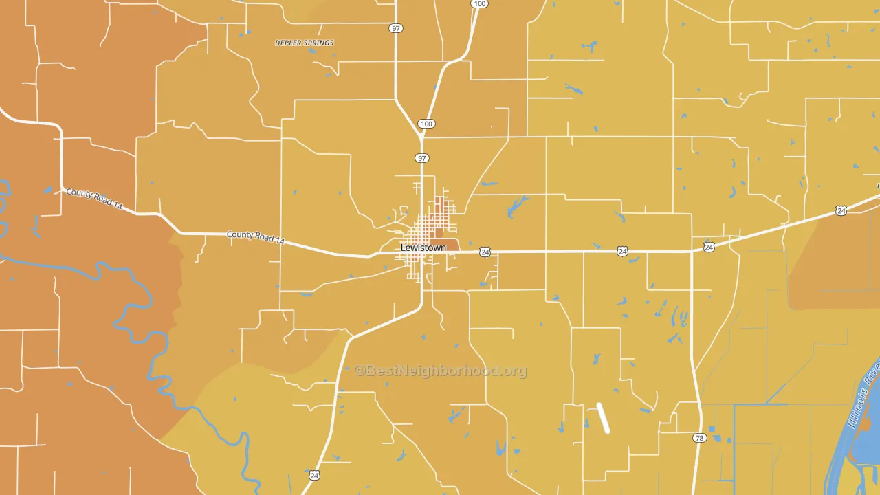 Map of the best neighborhoods in the Lewistown area, with better matches in green and worse matches in red
