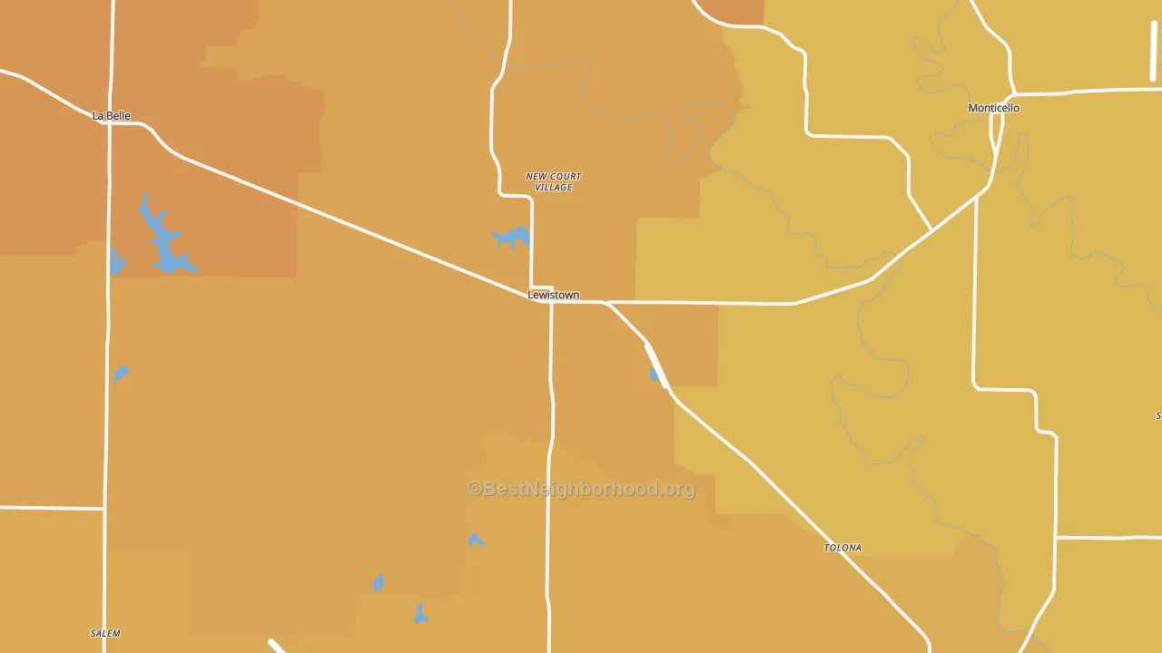 Map of the best neighborhoods in the Lewistown area, with better matches in green and worse matches in red