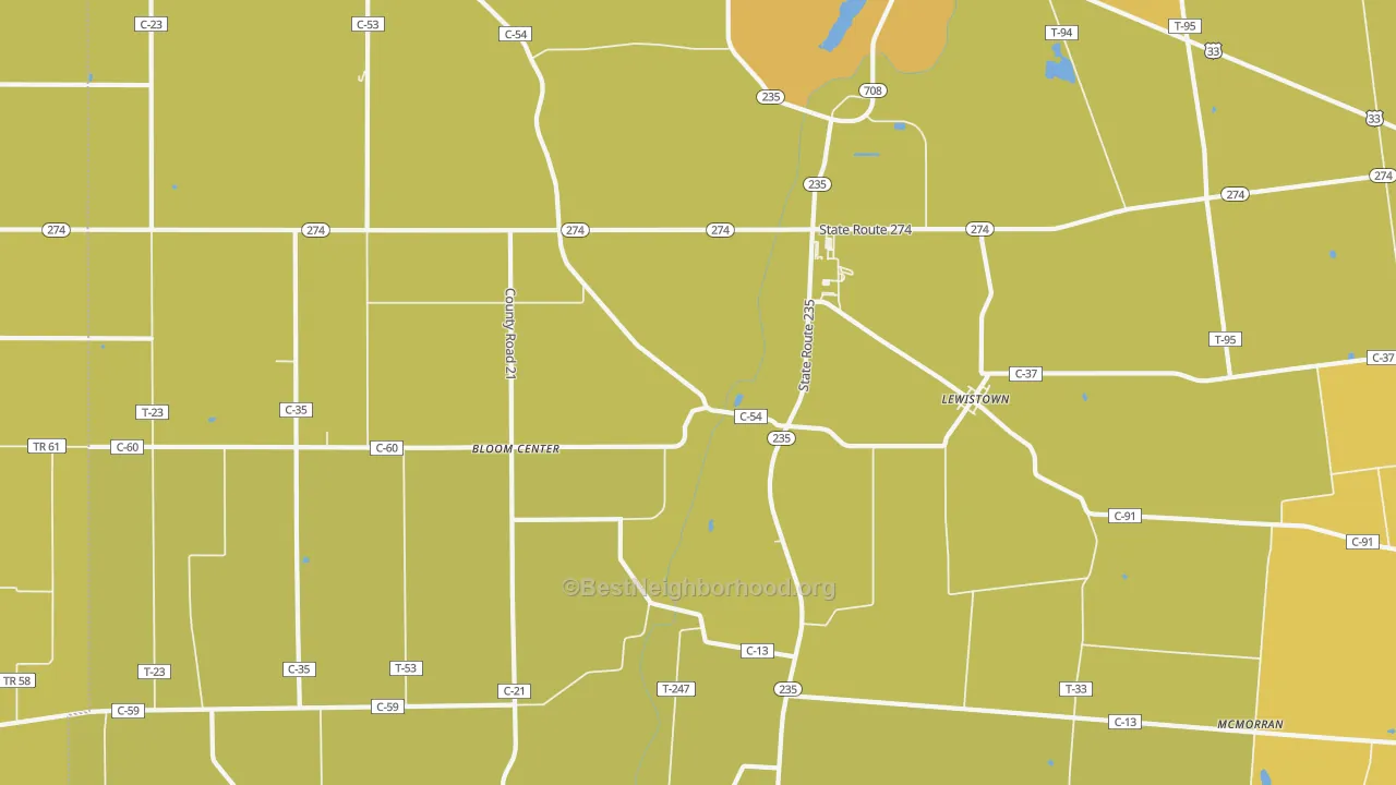 Map of the best neighborhoods in the Lewistown area, with better matches in green and worse matches in red