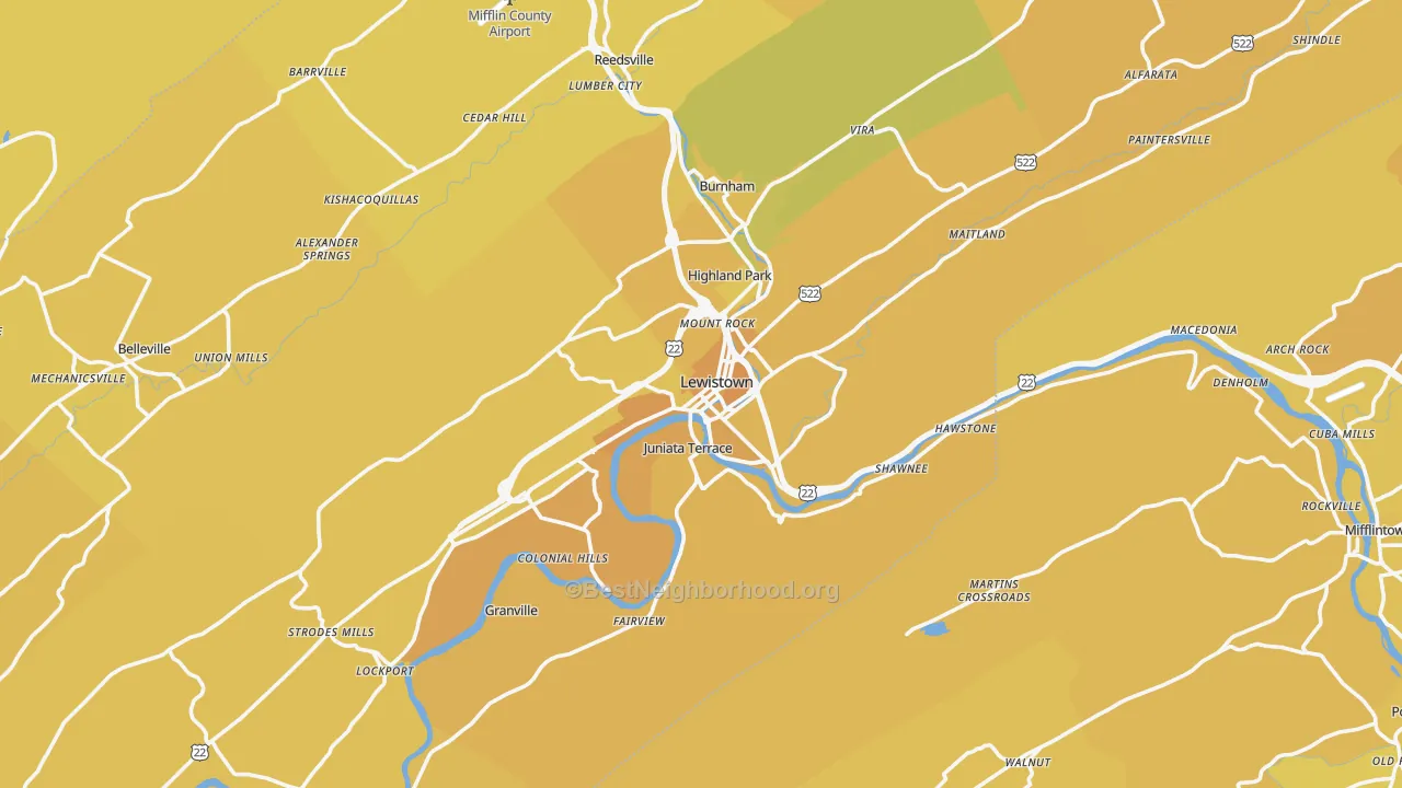Map of the best neighborhoods in the Lewistown area, with better matches in green and worse matches in red