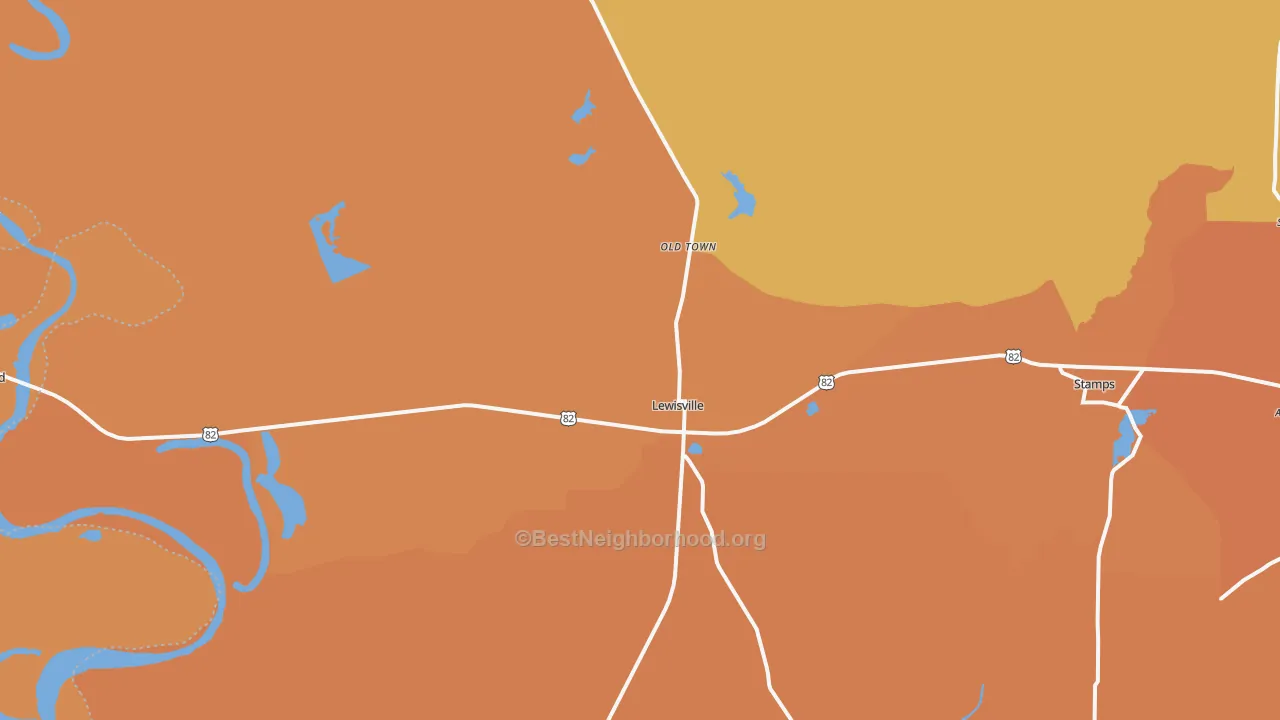 Map of the best neighborhoods in the Lewisville area, with better matches in green and worse matches in red
