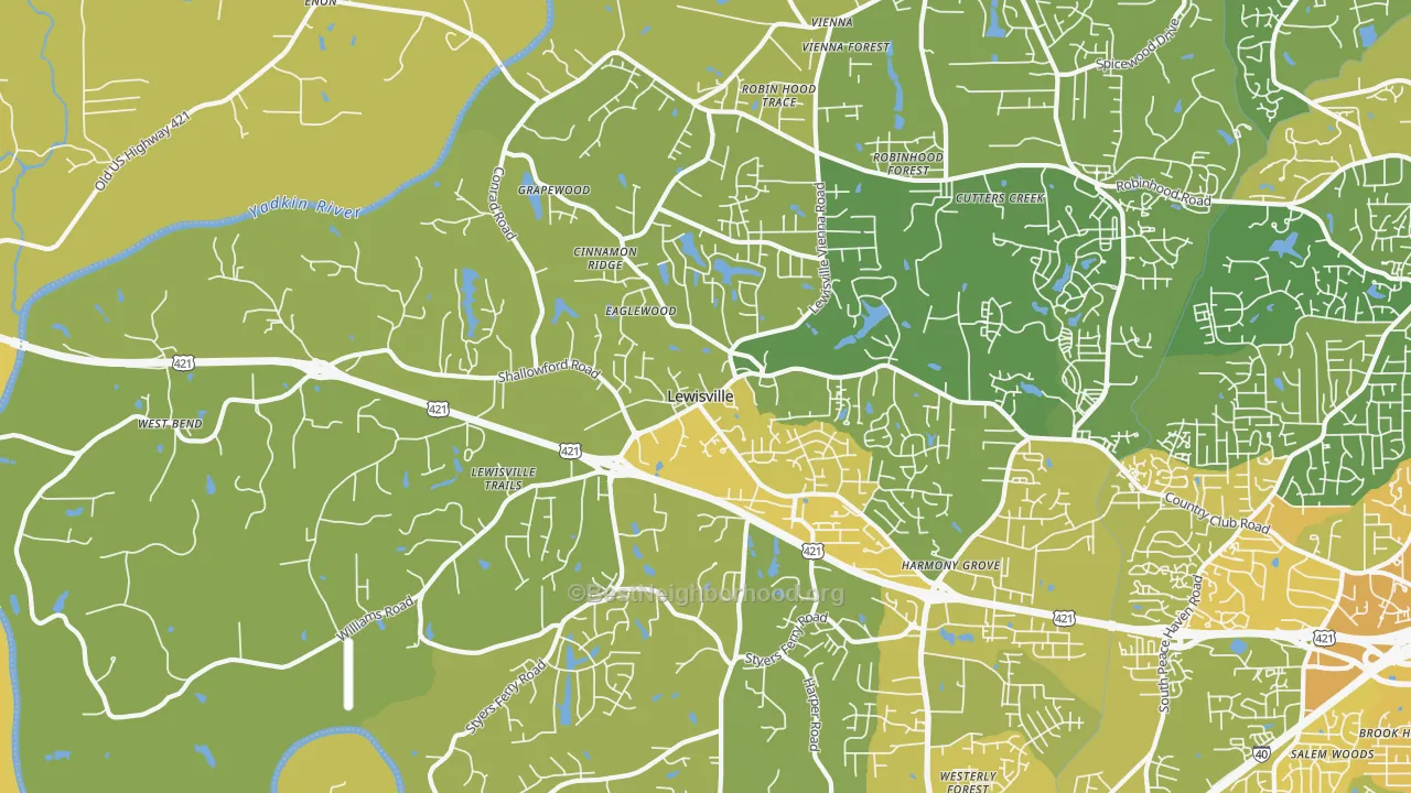 Map of the best neighborhoods in the Lewisville area, with better matches in green and worse matches in red