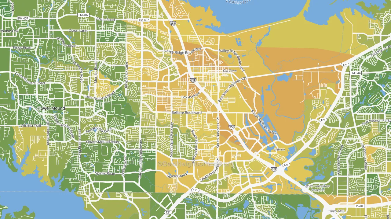 Map of the best neighborhoods in the Lewisville area, with better matches in green and worse matches in red