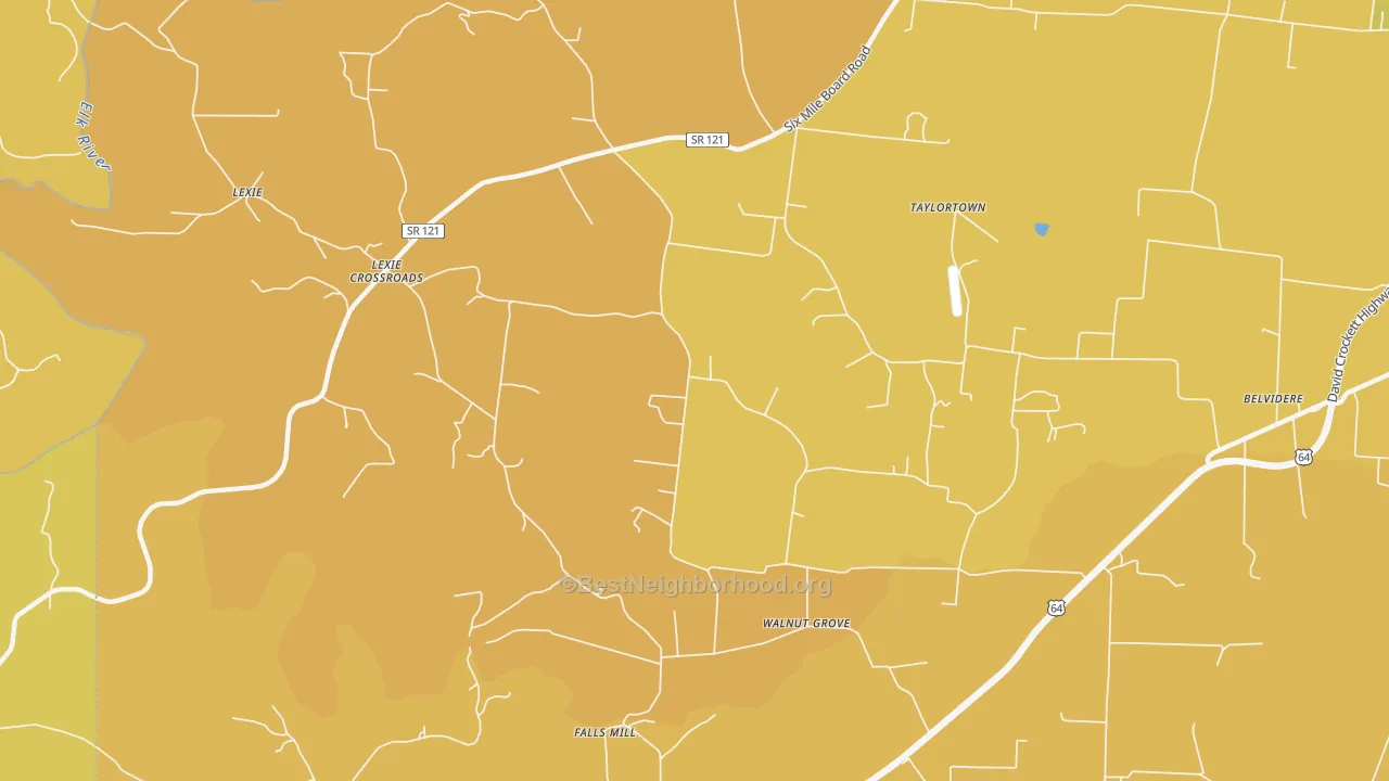 Map of the best neighborhoods in the Lexie Crossroads area, with better matches in green and worse matches in red