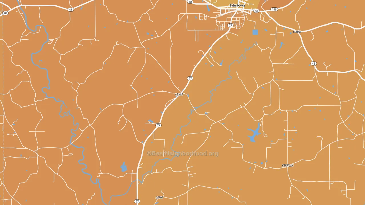 Map of the best neighborhoods in the Lexie area, with better matches in green and worse matches in red