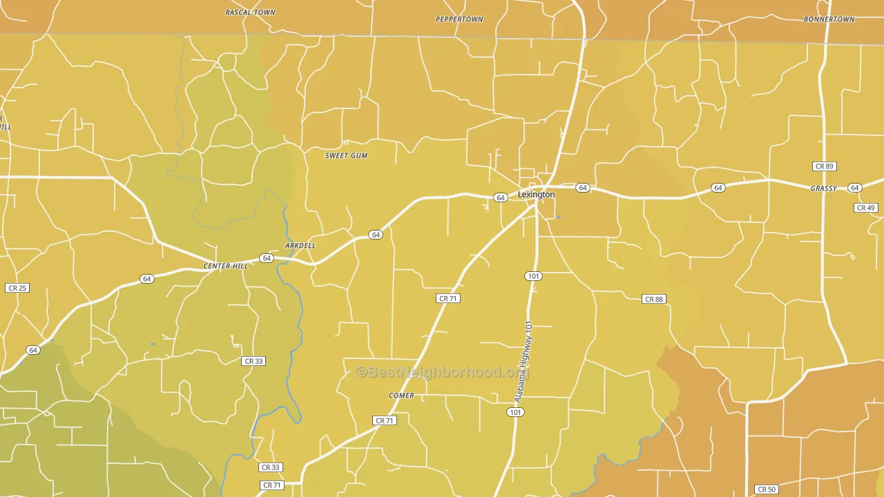 Map of the best neighborhoods in the Lexington area, with better matches in green and worse matches in red