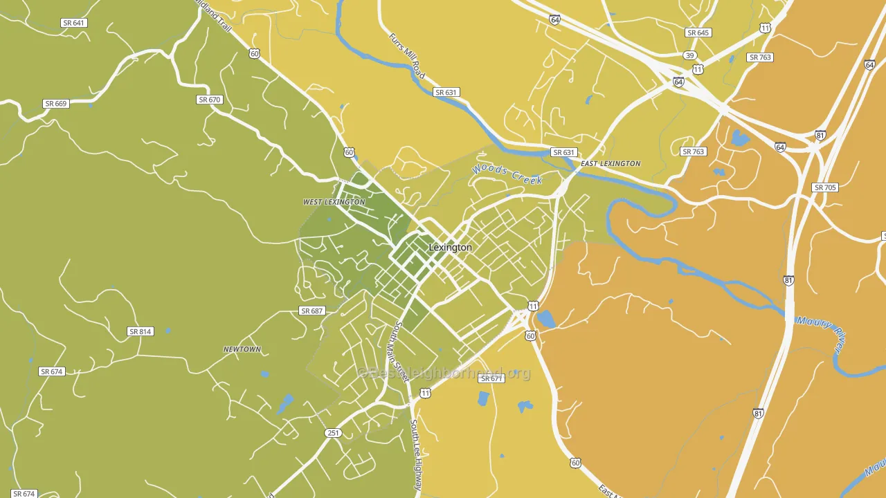 Map of the best neighborhoods in the Lexington City area, with better matches in green and worse matches in red