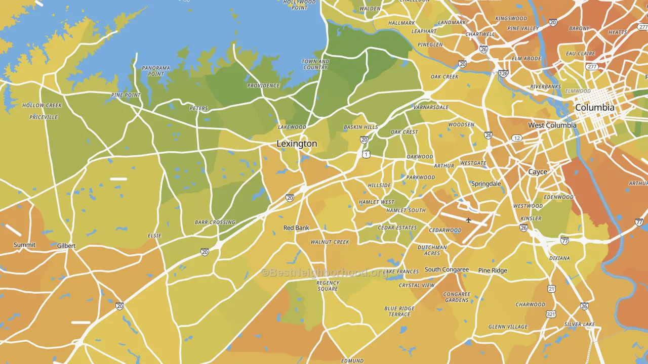 Map of the best neighborhoods in the Lexington County area, with better matches in green and worse matches in red