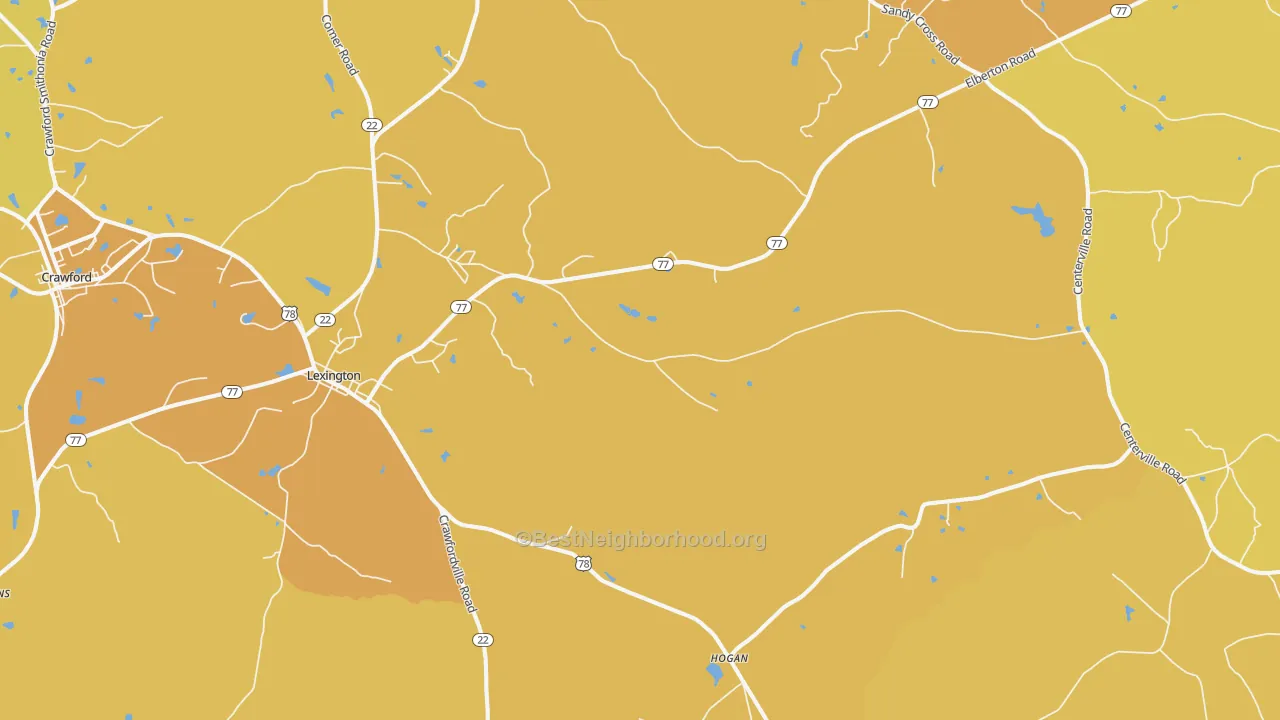 Map of the best neighborhoods in the Lexington area, with better matches in green and worse matches in red