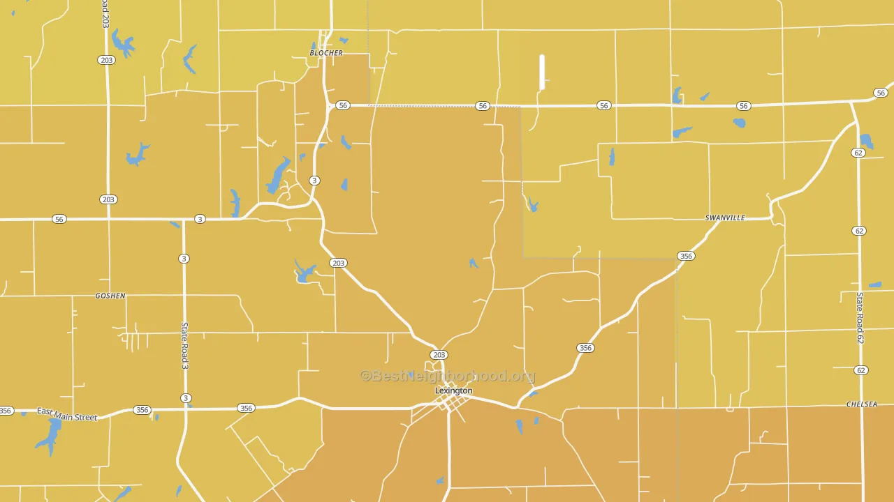 Map of the best neighborhoods in the Lexington area, with better matches in green and worse matches in red