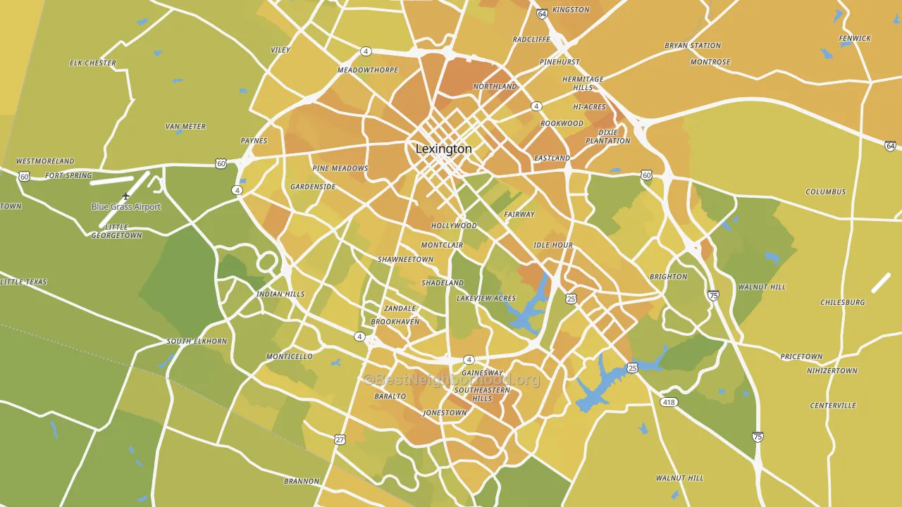 Map of the best neighborhoods in the Lexington Metro area, with better matches in green and worse matches in red