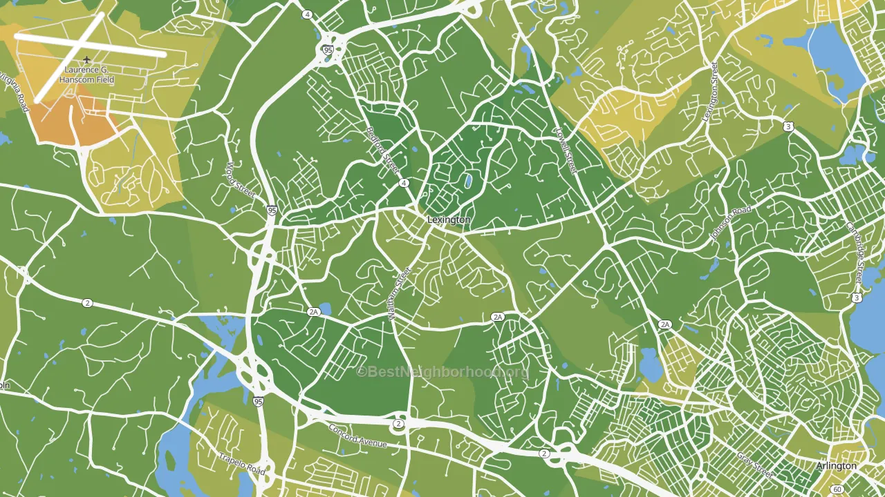 Map of the best neighborhoods in the Lexington area, with better matches in green and worse matches in red