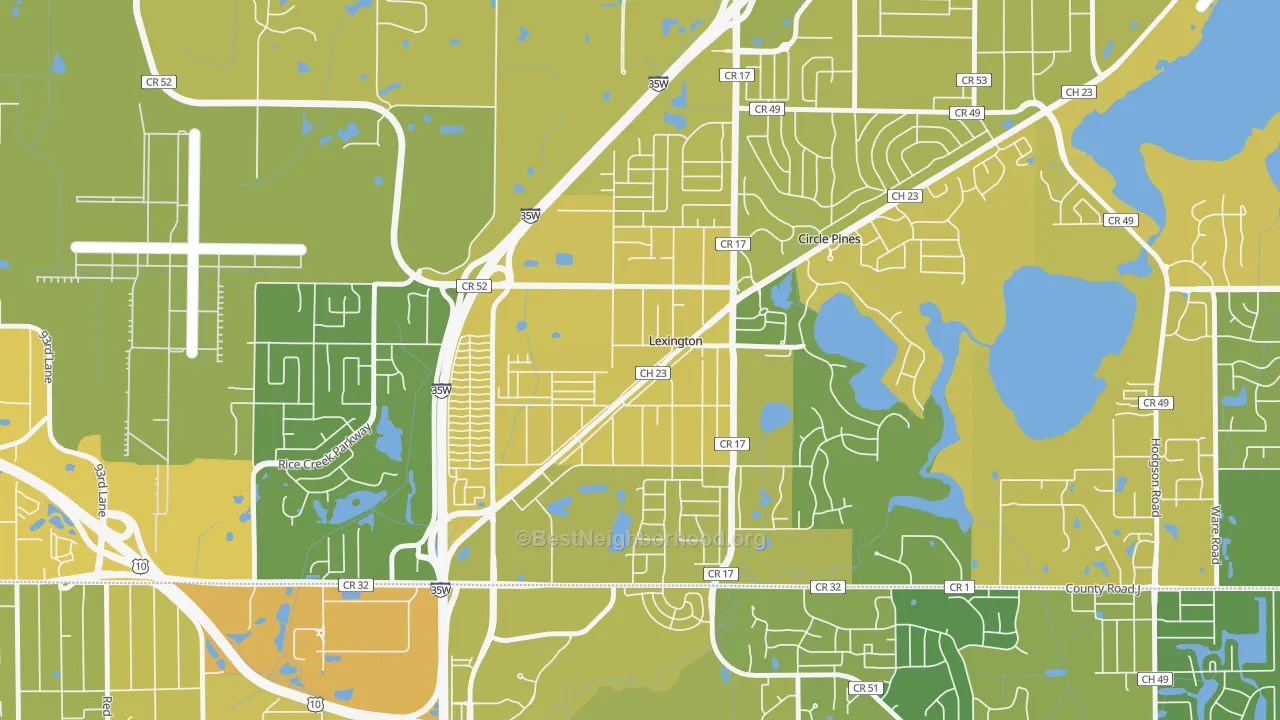 Map of the best neighborhoods in the Lexington area, with better matches in green and worse matches in red