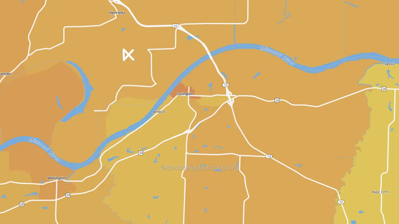 Map of the best neighborhoods in the Lexington area, with better matches in green and worse matches in red