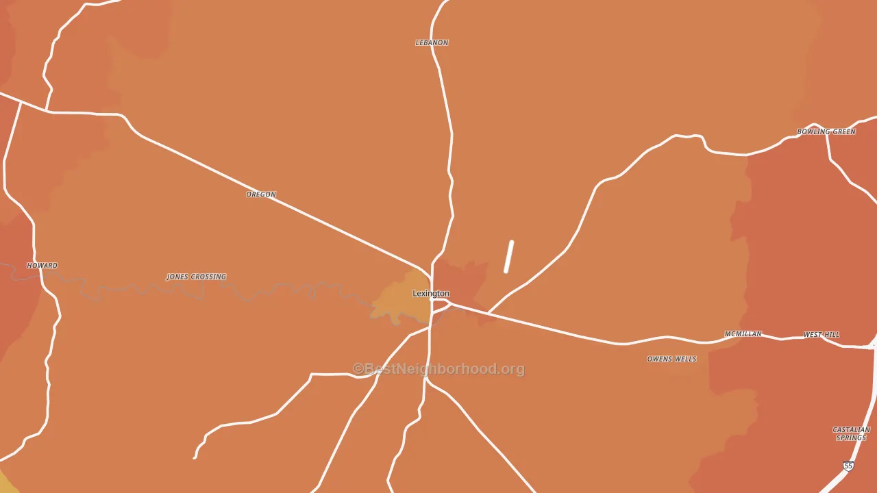 Map of the best neighborhoods in the Lexington area, with better matches in green and worse matches in red