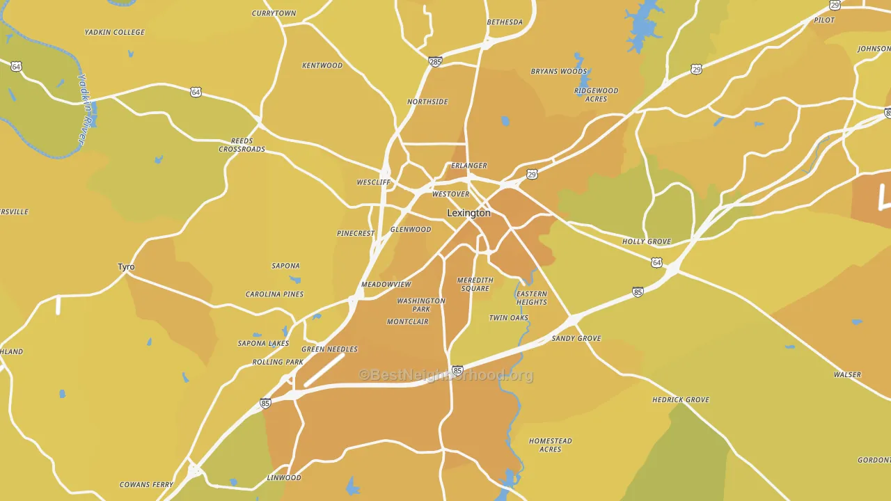 Map of the best neighborhoods in the Lexington area, with better matches in green and worse matches in red