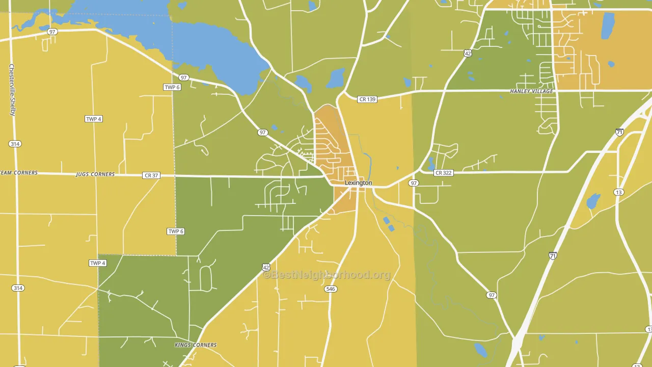 Map of the best neighborhoods in the Lexington area, with better matches in green and worse matches in red