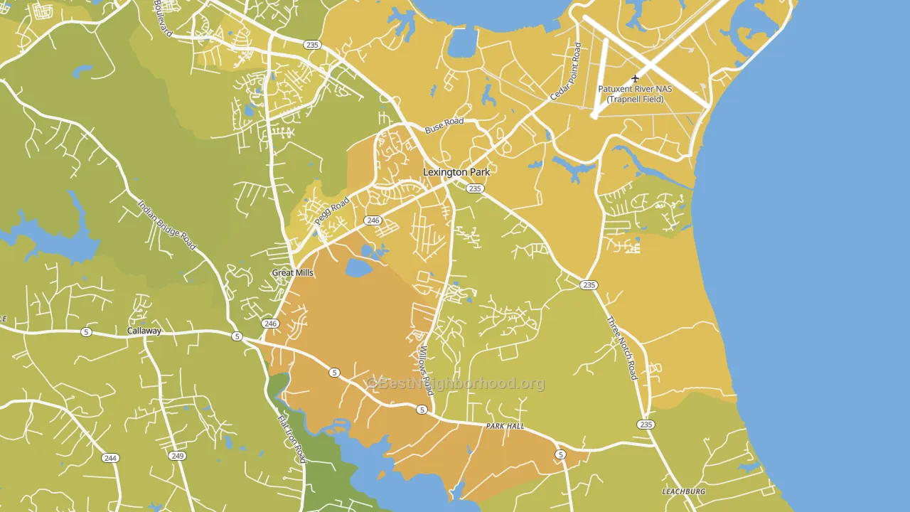 Map of the best neighborhoods in the Lexington Park Metro area, with better matches in green and worse matches in red