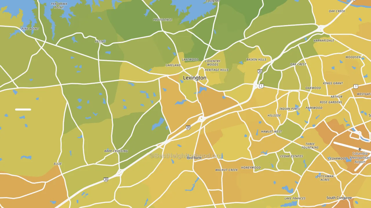 Map of the best neighborhoods in the Lexington area, with better matches in green and worse matches in red