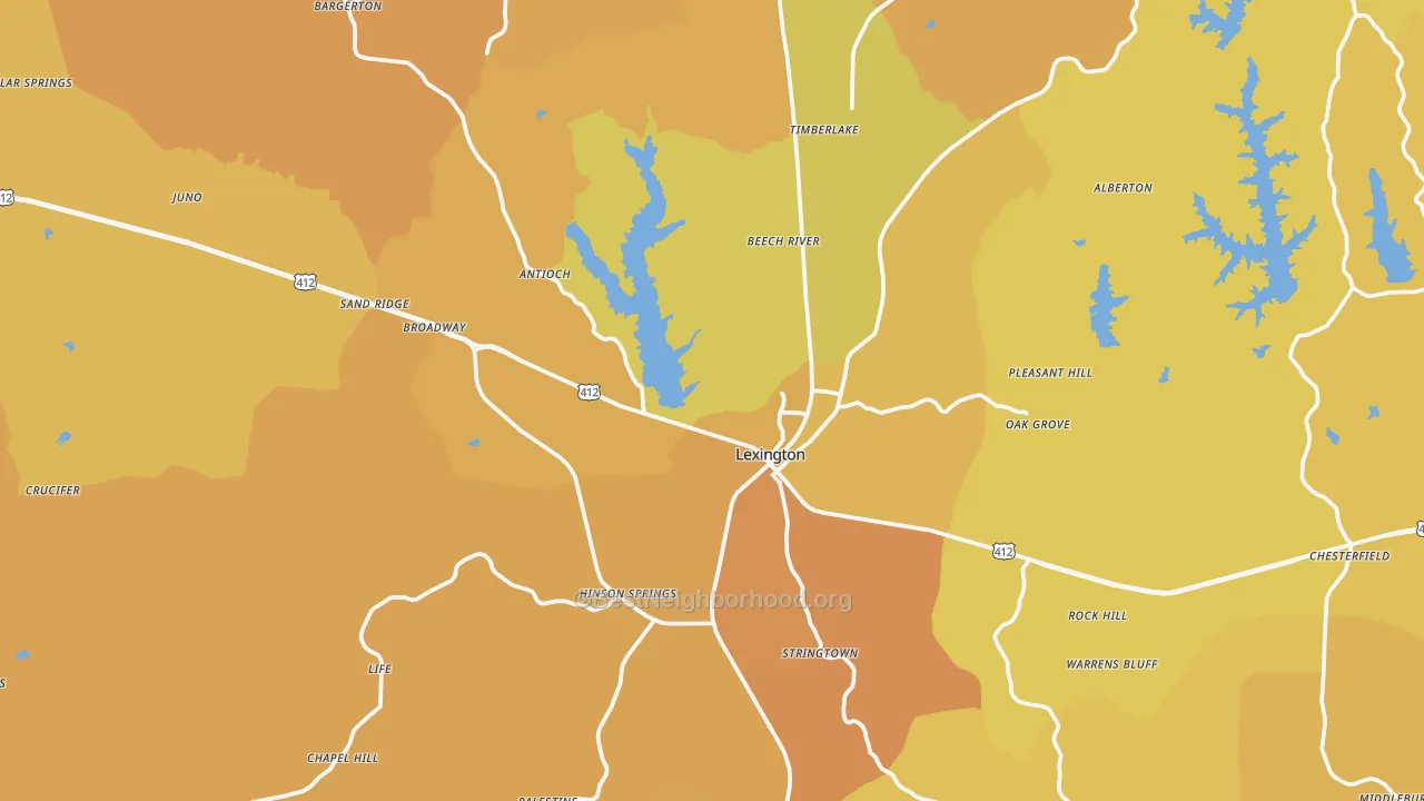 Map of the best neighborhoods in the Lexington area, with better matches in green and worse matches in red