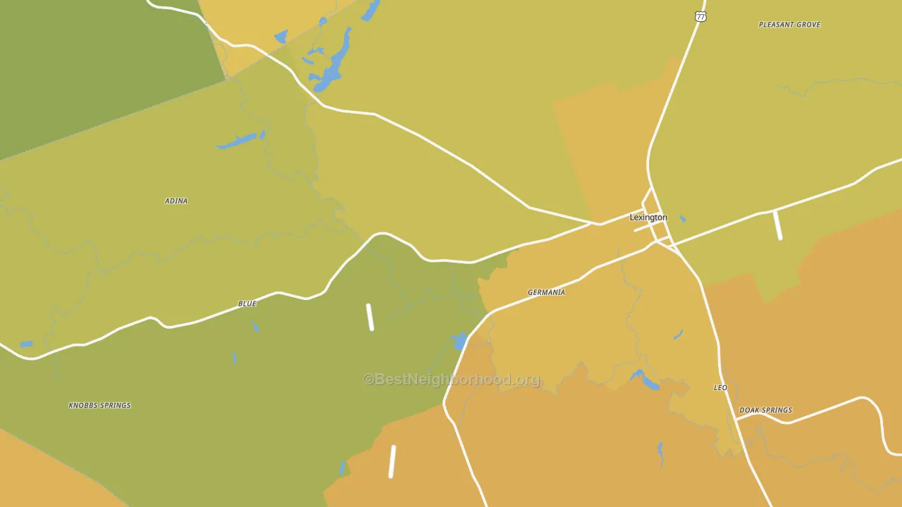 Map of the best neighborhoods in the Lexington area, with better matches in green and worse matches in red