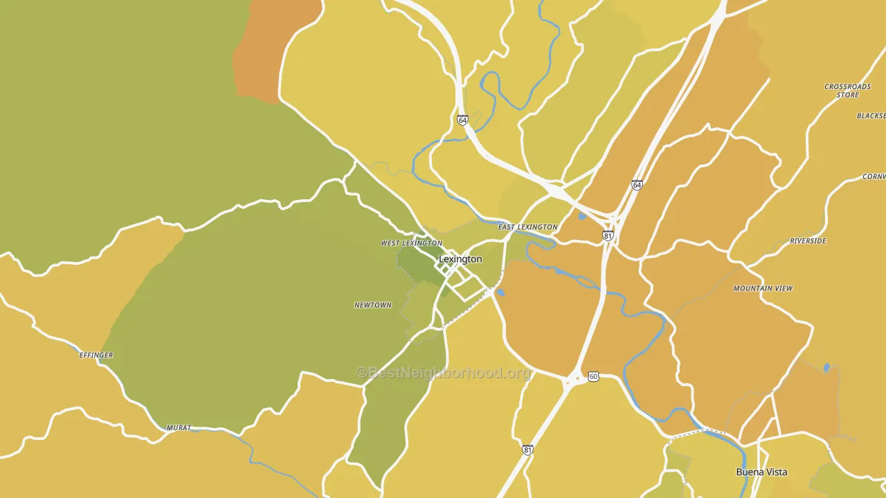 Map of the best neighborhoods in the Lexington area, with better matches in green and worse matches in red