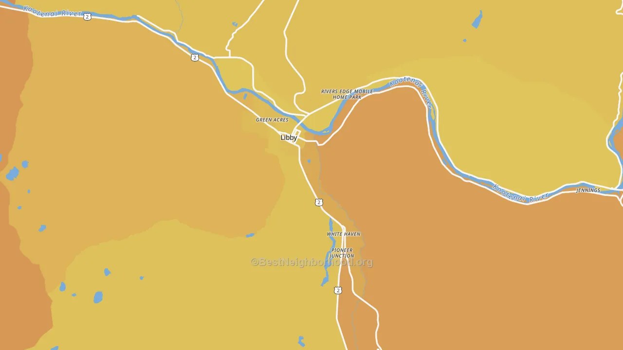 Map of the best neighborhoods in the Libby area, with better matches in green and worse matches in red