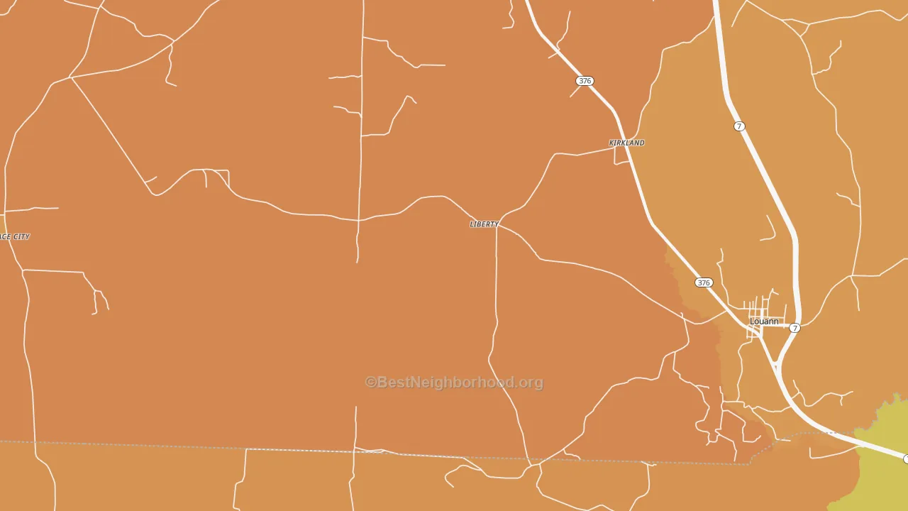 Map of the best neighborhoods in the Liberty area, with better matches in green and worse matches in red