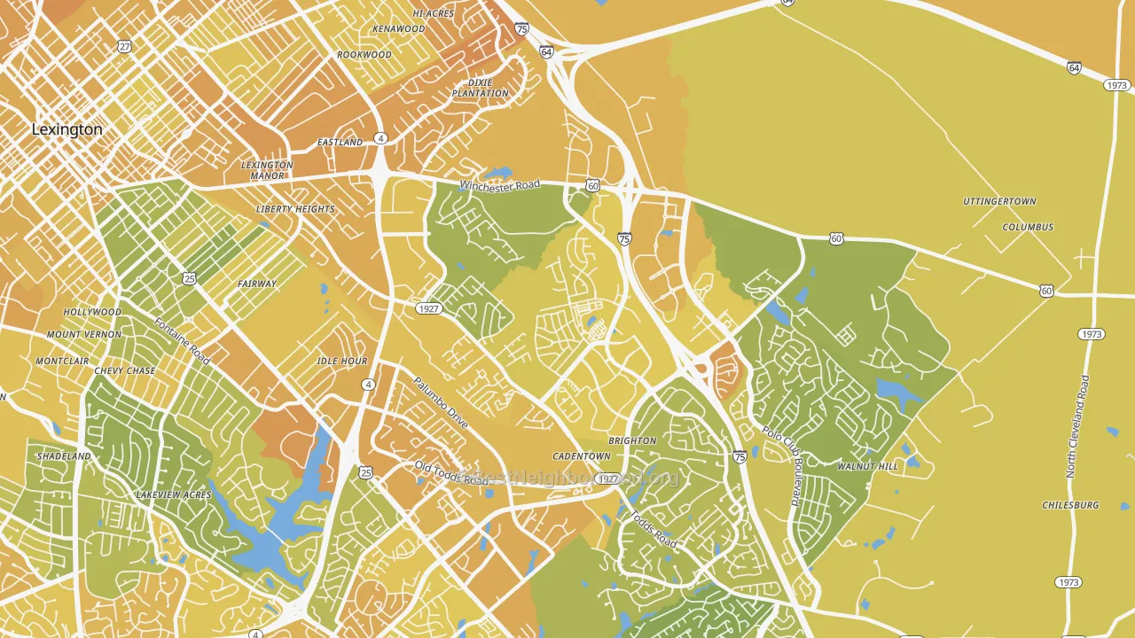 Map of the best neighborhoods in the Liberty Area, Lexington area, with better matches in green and worse matches in red
