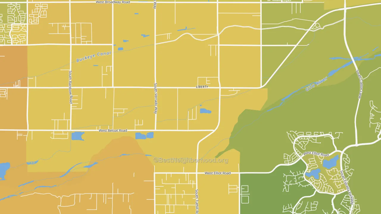 Map of the best neighborhoods in the Liberty area, with better matches in green and worse matches in red